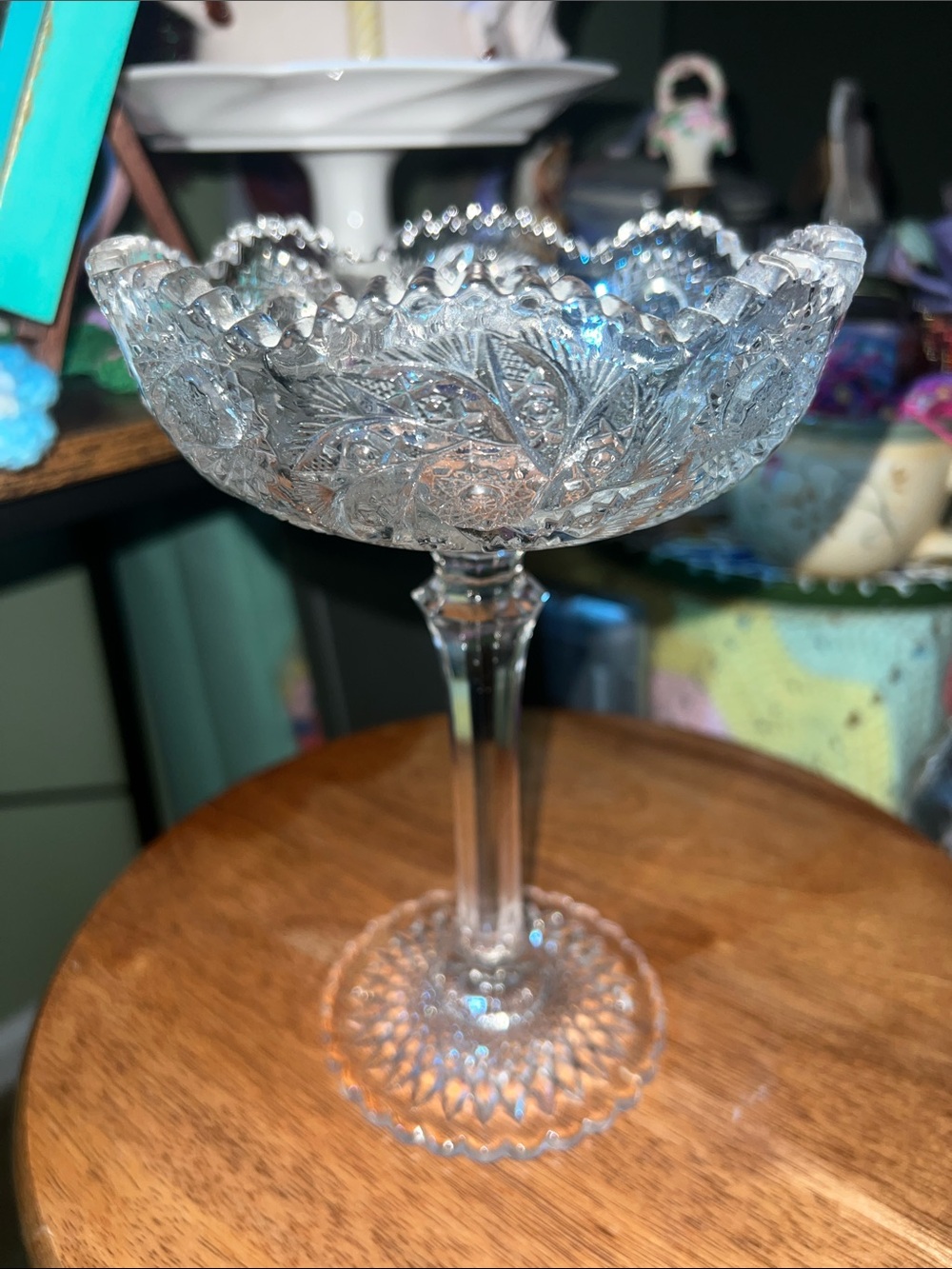 Antique 1907 Westmoreland glass tall compote dish in the "Paddle Wheel" pattern